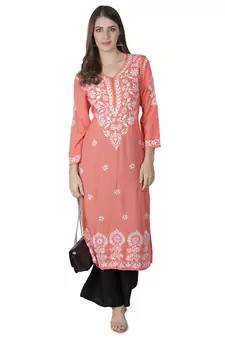 Hand Embroidered Peach Cotton Lucknowi Chikankari Kurti