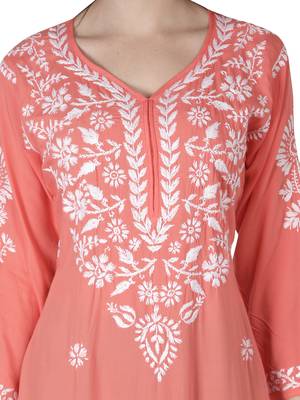 Hand Embroidered Peach Cotton Lucknowi Chikankari Kurti 5