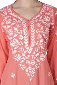 Hand Embroidered Peach Cotton Lucknowi Chikankari Kurti