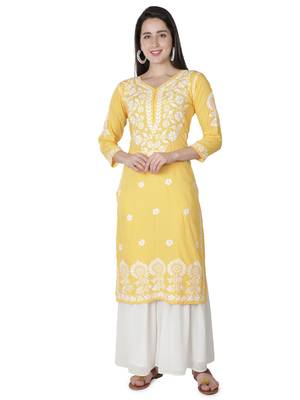 Hand Embroidered Yellow Cotton Lucknowi Chikankari Kurti 1