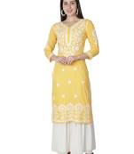 Hand Embroidered Yellow Cotton Lucknowi Chikankari Kurti