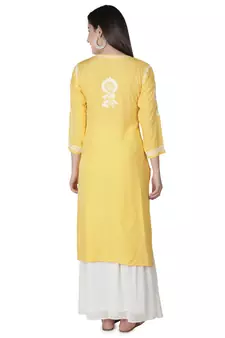 Hand Embroidered Yellow Cotton Lucknowi Chikankari Kurti