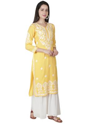 Hand Embroidered Yellow Cotton Lucknowi Chikankari Kurti 3