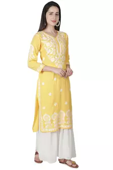 Hand Embroidered Yellow Cotton Lucknowi Chikankari Kurti