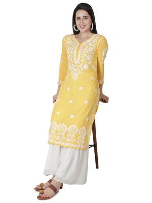 Hand Embroidered Yellow Cotton Lucknowi Chikankari Kurti 4
