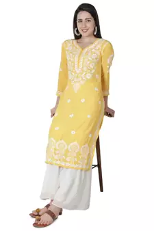 Hand Embroidered Yellow Cotton Lucknowi Chikankari Kurti