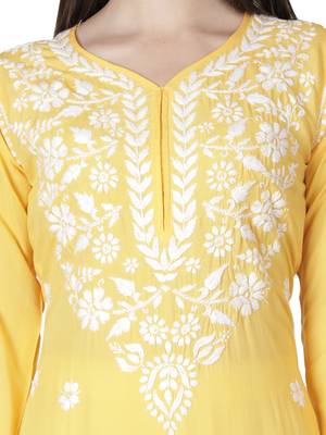 Hand Embroidered Yellow Cotton Lucknowi Chikankari Kurti 5
