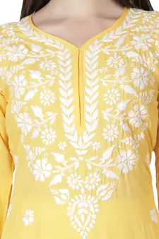 Hand Embroidered Yellow Cotton Lucknowi Chikankari Kurti