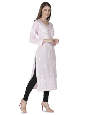Hand Embroidered Pink Cotton Lucknowi Chikankari Kurti 3