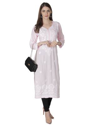 Hand Embroidered Pink Cotton Lucknowi Chikankari Kurti 4