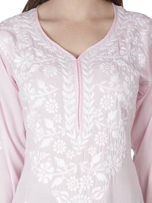 Hand Embroidered Pink Cotton Lucknowi Chikankari Kurti 5