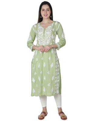 Hand Embroidered Green Cotton Lucknowi Chikankari Kurti 1