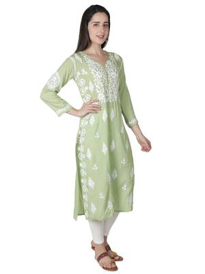 Hand Embroidered Green Cotton Lucknowi Chikankari Kurti 3