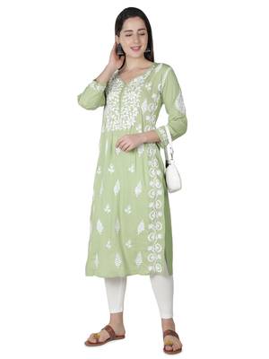 Hand Embroidered Green Cotton Lucknowi Chikankari Kurti 4