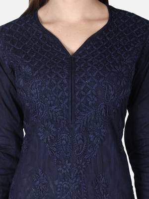 Seva Chikan Hand Embroidered Navy Blue Cotton Lucknowi Chikankari Kurti 6
