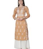 Hand Embroidered Fawn Cotton Lucknowi Chikankari Kurti