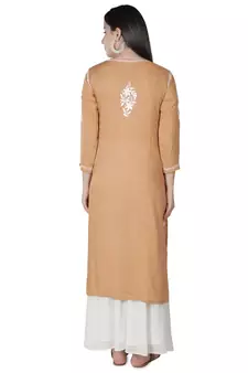 Hand Embroidered Fawn Cotton Lucknowi Chikankari Kurti