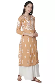 Hand Embroidered Fawn Cotton Lucknowi Chikankari Kurti
