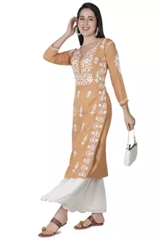 Hand Embroidered Fawn Cotton Lucknowi Chikankari Kurti