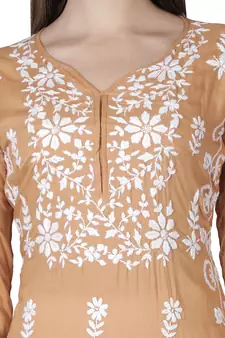Hand Embroidered Fawn Cotton Lucknowi Chikankari Kurti