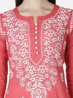Hand Embroidered Carrot Pink Cotton Lucknowi Chikankari Kurti 6