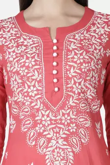 Hand Embroidered Carrot Pink Cotton Lucknowi Chikankari Kurti