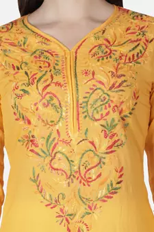 Hand Embroidered Yellow Cotton Lucknowi Chikankari Kurti