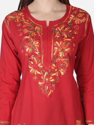 Hand Embroidered Red Cotton Lucknowi Chikankari Kurti 6