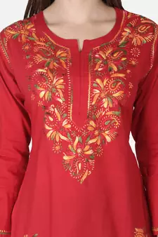 Hand Embroidered Red Cotton Lucknowi Chikankari Kurti