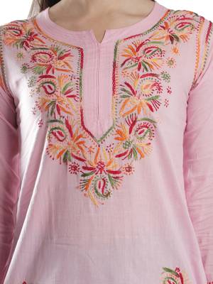 Hand Embroidered Pink Cotton Lucknowi Chikan Kurti 6
