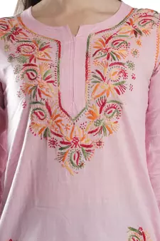 Hand Embroidered Pink Cotton Lucknowi Chikan Kurti