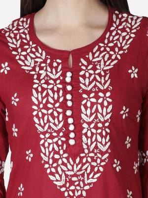 Hand Embroidered Maroon Cotton Lucknowi Chikankari Kurti 6