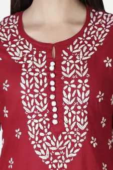 Hand Embroidered Maroon Cotton Lucknowi Chikankari Kurti