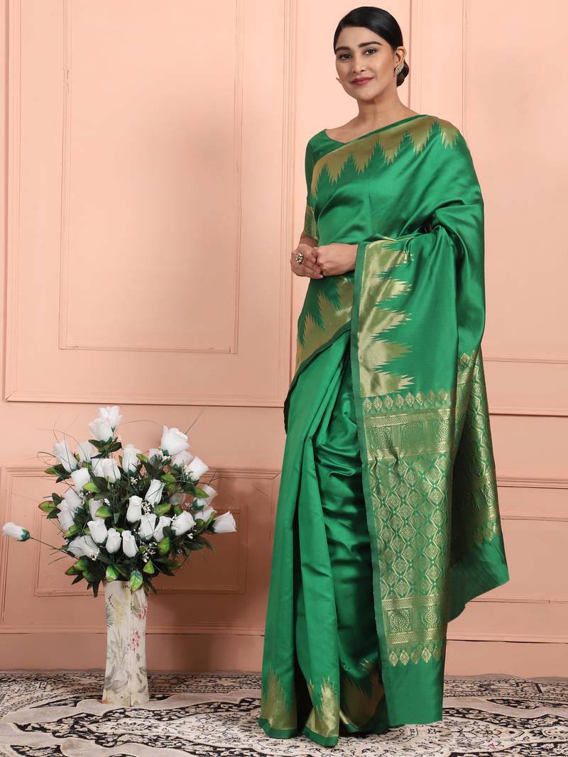 Glemora Green Beautiful Ethnic Wear Silk Blend Banarasi Traditional Saree