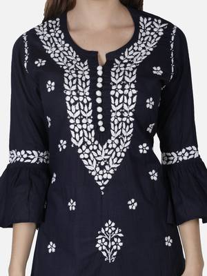 Hand Embroidered Navy Blue Cotton Lucknowi Chikankari Kurti 6