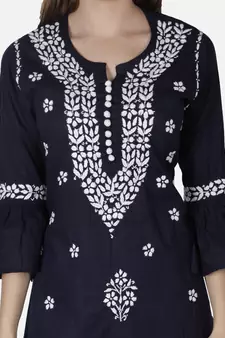 Hand Embroidered Navy Blue Cotton Lucknowi Chikankari Kurti