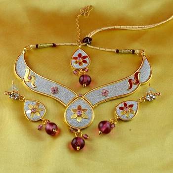 V,Moti Cz Pearl Stone Polki Kundun  Necklace With Earing  And Mang Tikka  1