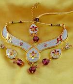 V,Moti Cz Pearl Stone Polki Kundun  Necklace With Earing  And Mang Tikka 