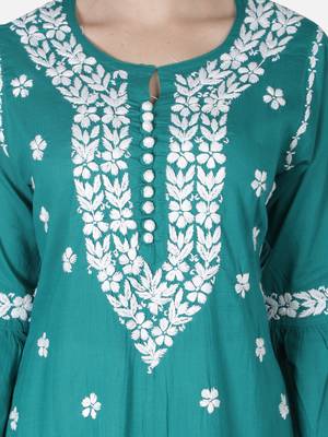 Hand Embroidered Pine Green Cotton Lucknowi Chikankari Kurti 6
