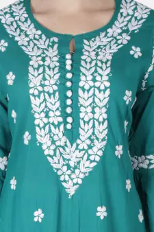 Hand Embroidered Pine Green Cotton Lucknowi Chikankari Kurti