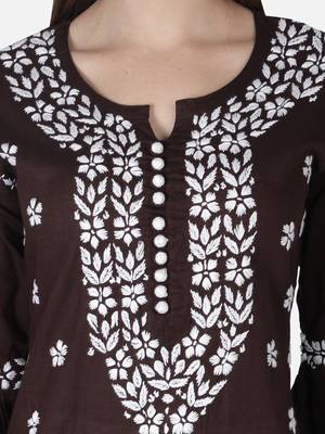 Hand Embroidered Dark Brown Cotton Lucknowi Chikankari Kurti 6