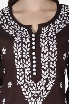 Hand Embroidered Dark Brown Cotton Lucknowi Chikankari Kurti