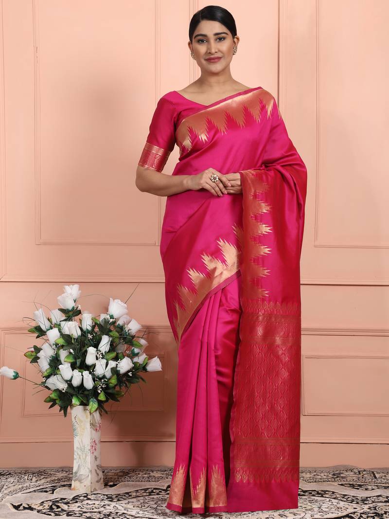Glemora Pink Beautiful Ethnic Wear Silk Blend Banarasi Traditional Saree