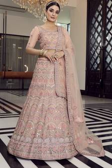 peach colored mirror, zari, zarkan, thread, embroidered organza semi stitched lehenga
