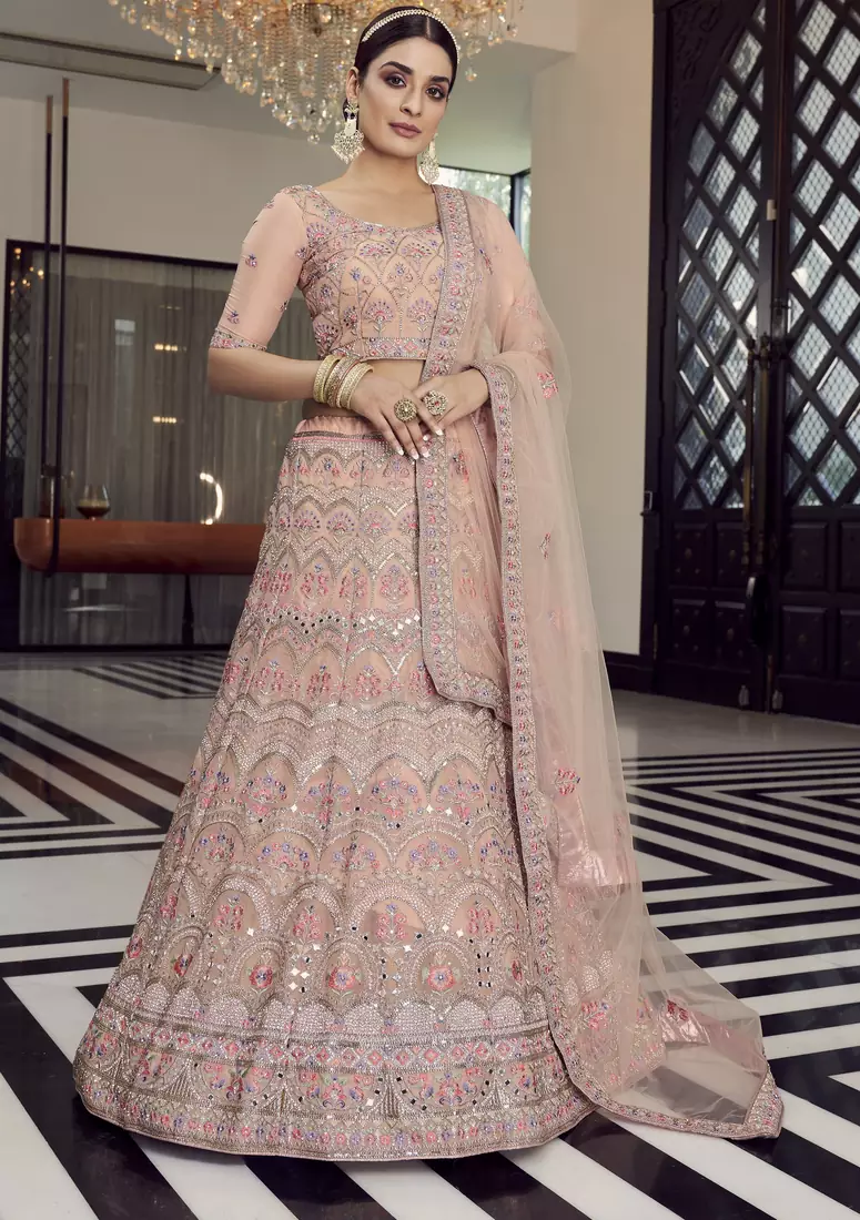 peach colored mirror, zari, zarkan, thread, embroidered organza semi stitched lehenga