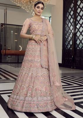hypnotizing peach colored mirror, zari, zarkan, and thread embroidered organza wedding Lehenga choli 1