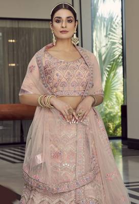 hypnotizing peach colored mirror, zari, zarkan, and thread embroidered organza wedding Lehenga choli 2