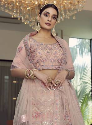 hypnotizing peach colored mirror, zari, zarkan, and thread embroidered organza wedding Lehenga choli 3