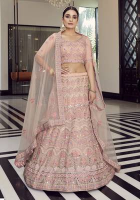 hypnotizing peach colored mirror, zari, zarkan, and thread embroidered organza wedding Lehenga choli 4