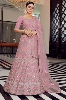 Good-Looking Pink Colored Mirror Zari Zarkan And Thread Embroidered Organza Semi Stitched Lehenga